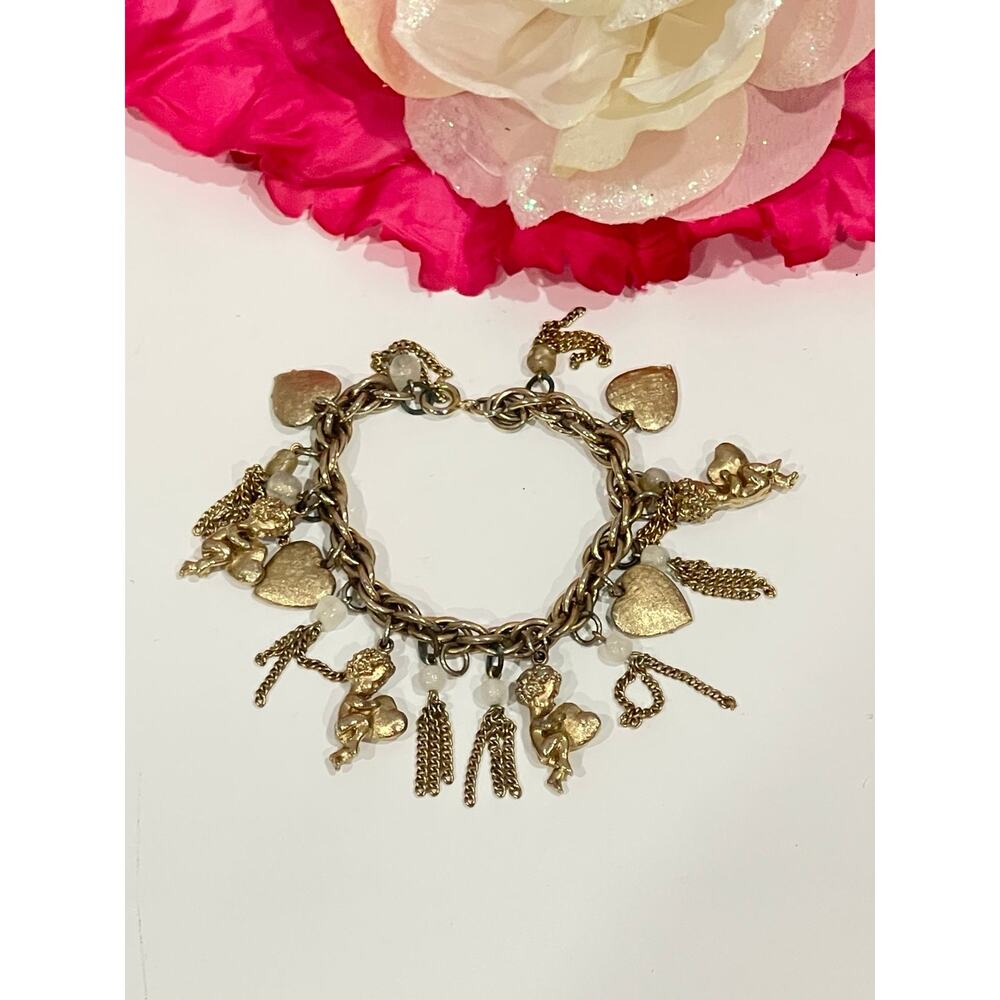 Lovely Golden Ladies Bracelet With Hearts Angels Vintage